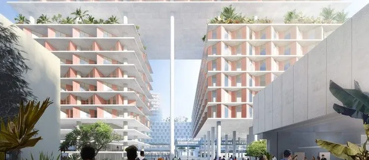 BIG 公布“迈阿密农产品中心”渲染效果图，层层建筑如同踩高跷
